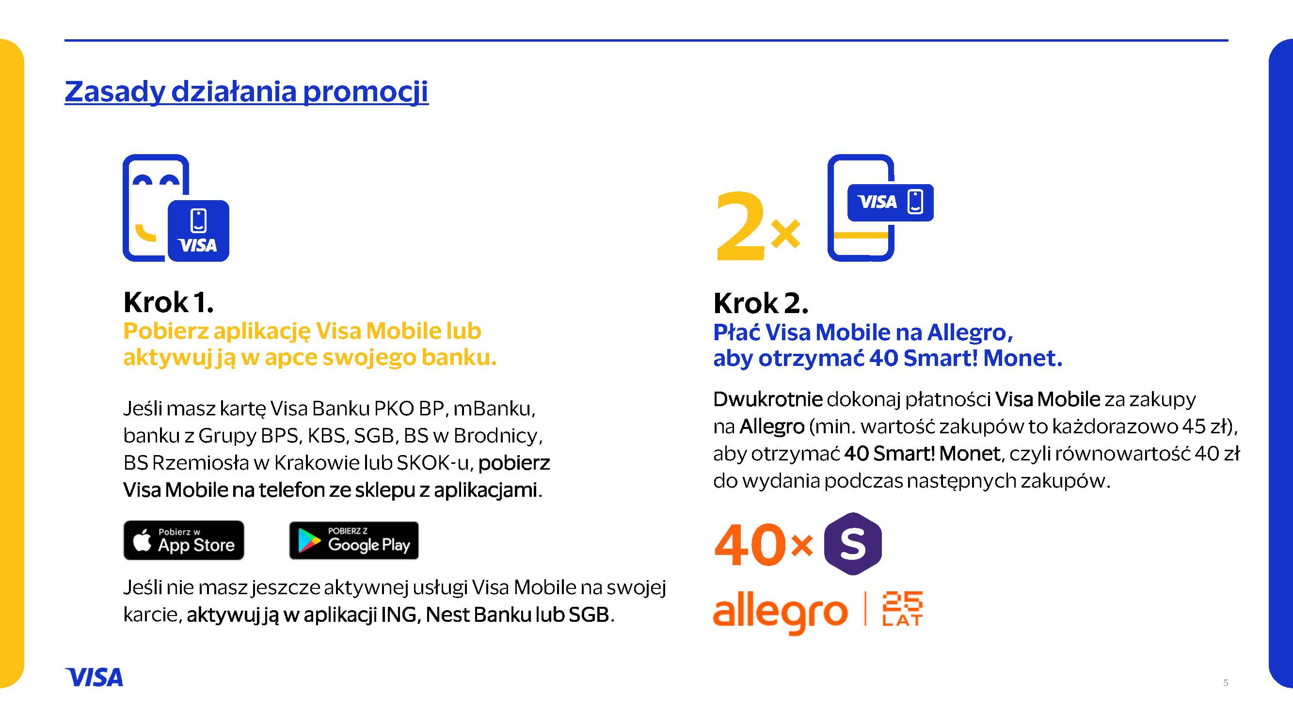 Zasady działania promocji. Krok 1 - Pobierz aplikację Visa Mobile lub aktywuj ją w apce swojego banku. Krok 2 - Płać Visa Mobile na Allegro, aby otrzymać 40 Smart! Monet.